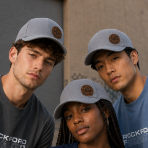 POP-CAP-GREY-ST – Rockford Fosgate – Genuine Leather Badge Hand Stitched – Grey Cap